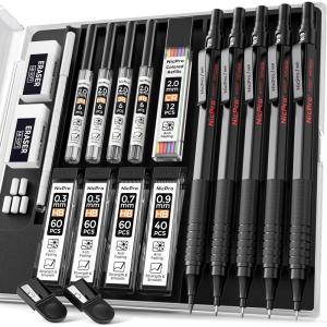 imageNicpro Metal Mechanical Pencil Set 5 PCS Art Drafting Pencils 03 05 07 09 mm ampamp 2mm Graphite Lead Holder For Sketching Drawing With 9 Tubes 4B 2B HB 2H Colors Lead Refills Erasers CaseBlack