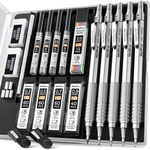 imageNicpro Metal Mechanical Pencil Set 5 PCS Art Drafting Pencils 03 05 07 09 mm ampamp 2mm Graphite Lead Holder For Sketching Drawing With 9 Tubes 4B 2B HB 2H Colors Lead Refills Erasers CaseSilver