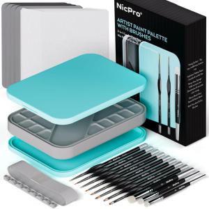 imageNicpro Miniature Painting Kit with Wet Palette ampamp 11PCS Detail Paint Brushes Drybrush 100PCS Wet Pallet Paper 4PCS Sponge Brush Holder Mixing Paint Saver Palette for Warhammer 40K Model PaintingBlue