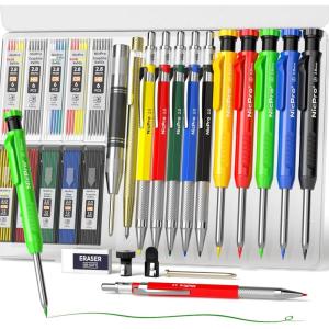 imageNicpro 15 Pack Carpenter Pencil Set with Sharpener Mechanical Carpenter Pencils with 40 Refill Automatic Center Punch and Carbide Scribe Tool Heavy Duty Construction Pencil for ArchitectWith Case27 Pack
