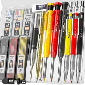 imageNicpro 15 Pack Carpenter Pencil Set with Sharpener Mechanical Carpenter Pencils with 40 Refill Automatic Center Punch and Carbide Scribe Tool Heavy Duty Construction Pencil for ArchitectWith Case18 Pack