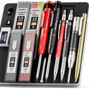 imageNicpro 15 Pack Carpenter Pencil Set with Sharpener Mechanical Carpenter Pencils with 40 Refill Automatic Center Punch and Carbide Scribe Tool Heavy Duty Construction Pencil for ArchitectWith Case15 Pack