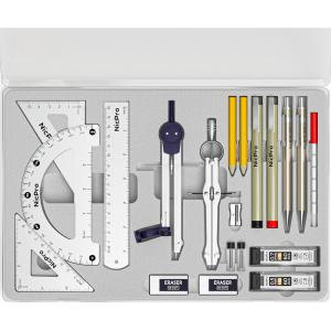 imageNicpro 20PCS Professional Geometry Set with Case Drafting Tools with Protractor and Compass Metal Rulers Triangles Pens Pencils Drawing Supplies Drafting Kit for Architect Engineer Students