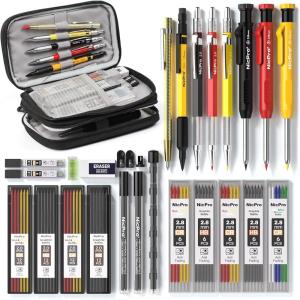 imageNicpro 28 Pack Carpenter Pencil Set with Sharpener Mechanical Carpenter Pencils with 127PCS Refills and Carbide Scribe Tool Heavy Duty Construction Pencils for Architect WoodworkingWith Canvas Case