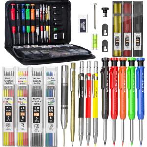 imageNicpro 31 Pack Carpenter Pencil Set with Sharpener Mechanical Carpenter Pencils with 128PCS Refills and Carbide Scribe Tool Heavy Duty Construction Pencils for Architect WoodworkingWith Canvas Case