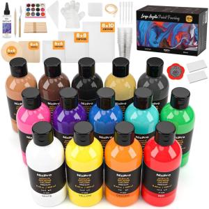 imageNicpro 14 Colors 845oz Acrylic Pour Paint Supplies Kit Large Volume Premixed High Flow Painting Bulk Set with Canvas Wood Natural Slices Pouring Oil Tools Gloves Strainer Cups for Beginner DIY14 Colors