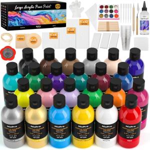 imageNicpro 14 Colors 845oz Acrylic Pour Paint Supplies Kit Large Volume Premixed High Flow Painting Bulk Set with Canvas Wood Natural Slices Pouring Oil Tools Gloves Strainer Cups for Beginner DIY24 Colors