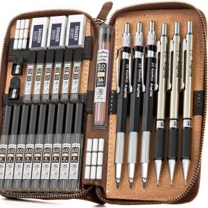imageNicpro 30PCS Art Mechanical Pencil Set in Leather Case Metal Drafting Pencil 05 mm 07 mm 09 mm ampamp 3 PCS 2mm Lead Holders for Sketching Drawing With 16 Tube 6B 4B 2B HB 2H 4H Colors Lead RefillsBlack