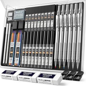 imageNicpro 35PCS Black Metal Mechanical Pencils Set in Case Art Drafting Pencil 05 07 09 mm ampamp 3PCS 2mm Graphite Lead Holder for Drawing Sketching With 20 Tube Lead Refills6B 4B 2B HB 2H 4H ColorsSilver