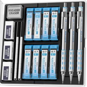 imageNicpro 3PCS Blocky Gear 07 mm Metal Mechanical Pencils Set with Case Carpenter Mechanical Pencils Set with 26 Refills