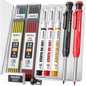 imageNicpro 2 Pack CP1000 Carpenter Pencil with Sharpener Mechanical Carpenter Pencils with 26 Refills Deep Hole Long Nib Marker Pens for Construction Heavy Duty Woodworking Pencil for Architect Marking
