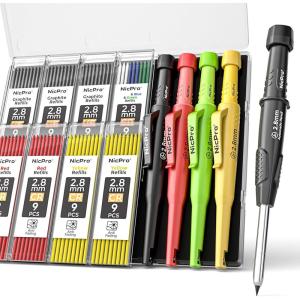 imageNicpro CP3000 Carpenter Pencil with Sharpener 2 Pack Mechanical Pencils Set with 38 Refills Deep Hole Marker for Construction Heavy Duty Carpenter Tools for Architect Marking Black RedRed Black Yellow Green