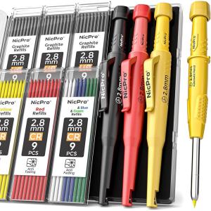 imageNicpro CP3000 Carpenter Pencil with Sharpener 2 Pack Mechanical Pencils Set with 38 Refills Deep Hole Marker for Construction Heavy Duty Carpenter Tools for Architect Marking Black RedRed Black Yellow