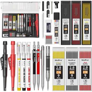 imageNicpro 24 Pack Carpenter Pencil Set with Sharpener CP3000 Mechanical Carpenter Pencils with 79 Refills Deep Hole Marker Carbide Scribe Tool Heavy Duty Construction Pencil for Architect Woodworking