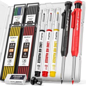 imageNicpro 3 Pack CP1000 Carpenter Pencil with Sharpener Mechanical Carpenter Pencils with 39 Refills Deep Hole Long Nib Marker Pens for Construction Heavy Duty Woodworking Pencil for Architect MarkingBlack  Red  Yellow  Green  Blue  White