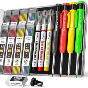 imageNicpro 3 Pack CP1000 Carpenter Pencil with Sharpener Mechanical Carpenter Pencils with 39 Refills Deep Hole Long Nib Marker Pens for Construction Heavy Duty Woodworking Pencil for Architect MarkingBlack Red Yellow Green