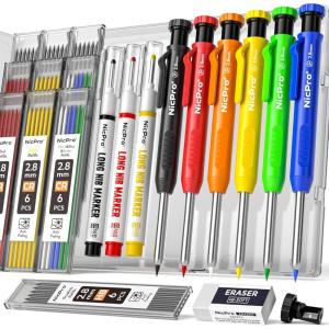 imageNicpro 3 Pack CP1000 Carpenter Pencil with Sharpener Mechanical Carpenter Pencils with 39 Refills Deep Hole Long Nib Marker Pens for Construction Heavy Duty Woodworking Pencil for Architect MarkingBlack Red Yellow Orange Green Blue