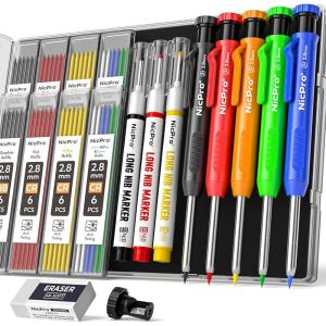 imageNicpro 3 Pack CP1000 Carpenter Pencil with Sharpener Mechanical Carpenter Pencils with 39 Refills Deep Hole Long Nib Marker Pens for Construction Heavy Duty Woodworking Pencil for Architect MarkingBlack Red Orange Green Blue