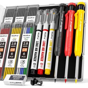 imageNicpro 3 Pack CP1000 Carpenter Pencil with Sharpener Mechanical Carpenter Pencils with 39 Refills Deep Hole Long Nib Marker Pens for Construction Heavy Duty Woodworking Pencil for Architect MarkingBlack Red Yellow