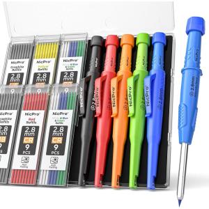 imageNicpro 6 Pack CP3000 Carpenter Pencil with Sharpener Mechanical Pencils Set with 78 Refill Heavy Duty Construction Pencil Carpenter Tools for Architect Marking RedBlackYellowOrangeGreenBlue5 Pack