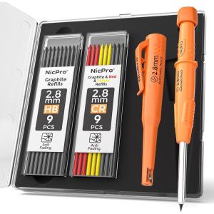 imageNicpro CP3000 Carpenter Pencil with Sharpener 28 mm Mechanical Pencils with 19 Refills Deep Hole Marker for Construction Heavy Duty Woodworking Pencil Carpenter Tools for Architect MarkingGreenOrange