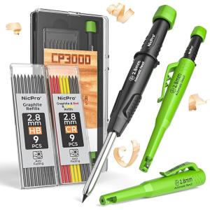 imageNicpro Carpenter Pencil with Sharpener CP3000 Carpenter Mechanical Pencils with 19 Refill Deep Hole Marker for Construction Heavy Duty Construction Pencil Woodworking Tool for Architect Marking