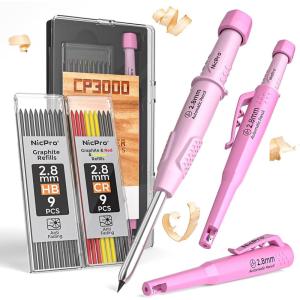 imageNicpro Carpenter Pencil with Sharpener CP3000 Pink Carpenter Mechanical Pencil with Refills Deep Hole Marker for Construction Heavy Duty Construction Pencil Woodworking Tool for Architect Marking