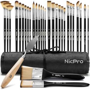imageNicpro 30pcs Paint Brush Set Aesthetic Pastel Paintbrushes with Paint Spatula and Cloth Roll Craft Paint Brushes for Acrylic Painting Oil Watercolor Gouache Art Supplies for Artists and BeginnersBlack