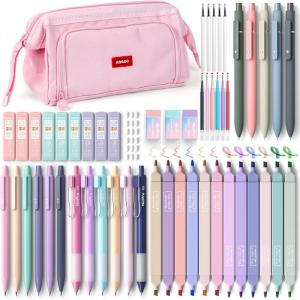 imageNicpro 55PCS Aesthetic School Supplies with Pink Pen Case 12 Pastel Highlighters 11 Color ampamp Black Ink Gel Pens 6 Mechanical Pencils ampamp Lead Cute Stationery Set for Girls Student College Essentials