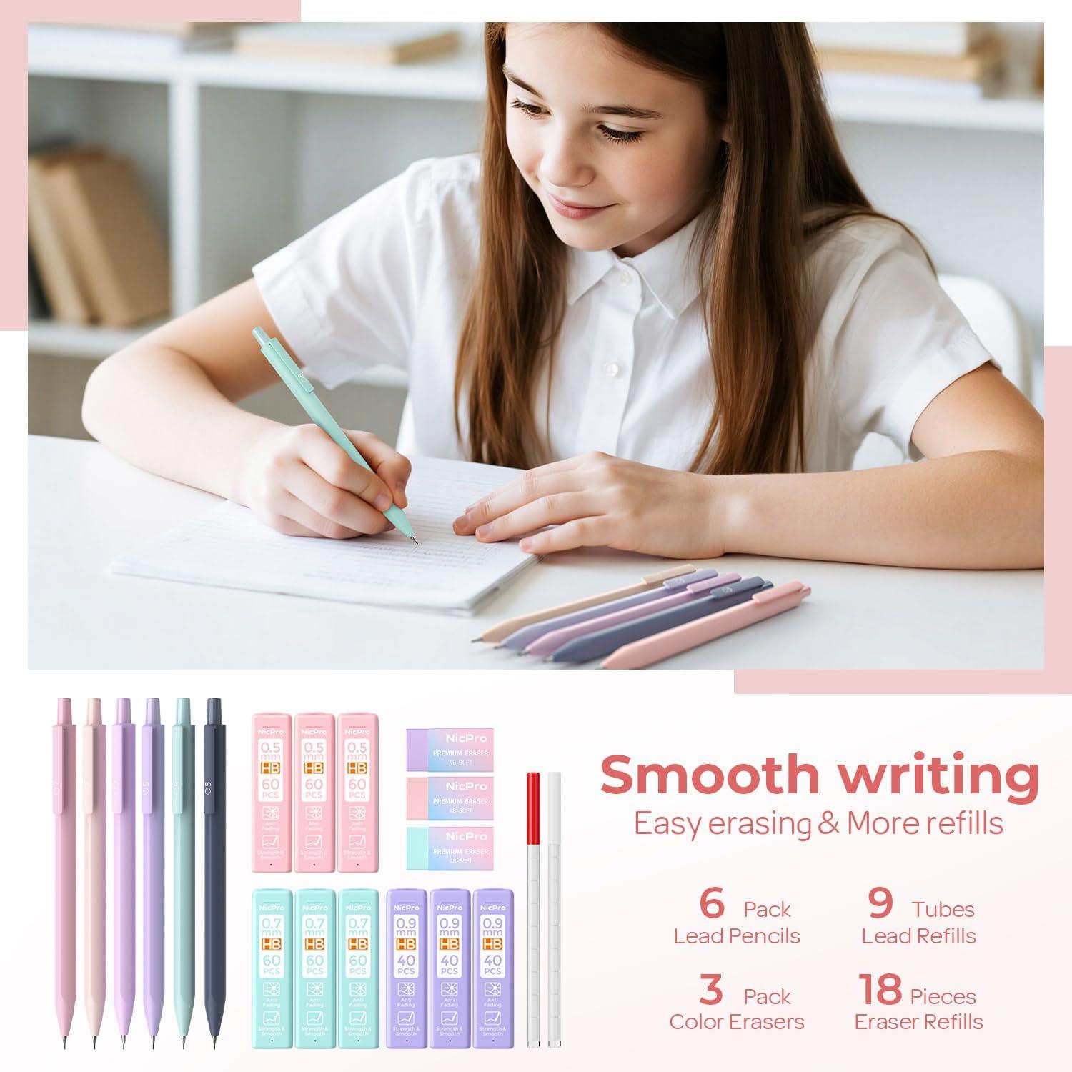 imageNicpro 38PCS Aesthetic School Supplies Cute Mechanical Pencils 05 07 09 ampamp 20 mm with 18 Tubes Lead Refills Pastel Mechanical Pencil Set for Students Girls Writing Drawing Drafting  Pink Case