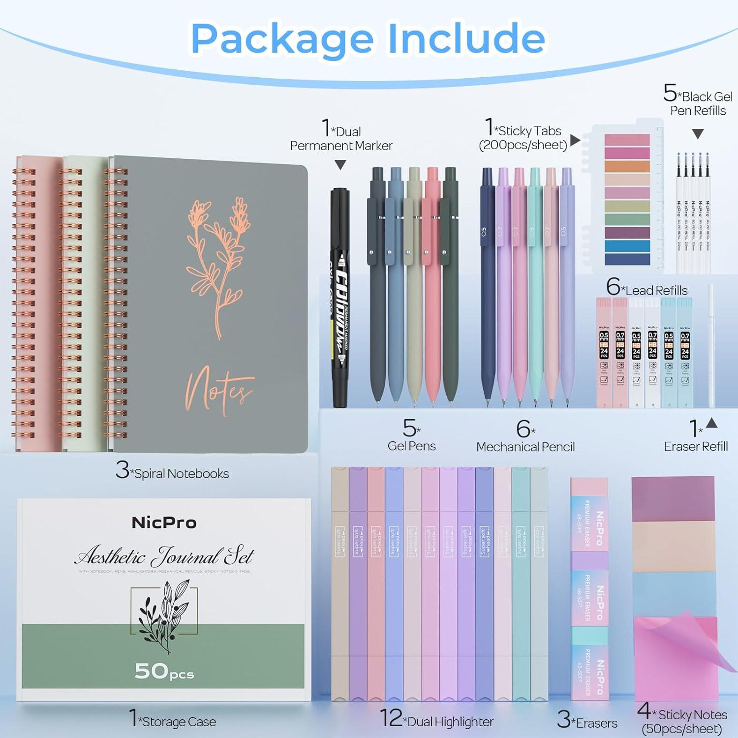 imageNicpro 50PCS Cute Spiral Notebook Stationary Set For Women Bible Journal Set 3PCS A5 Spiral Notebook Gel Pens Sticky Notes ampamp Tabs Gift Box Mechanical Pencils for Study Aesthetic School Supplies