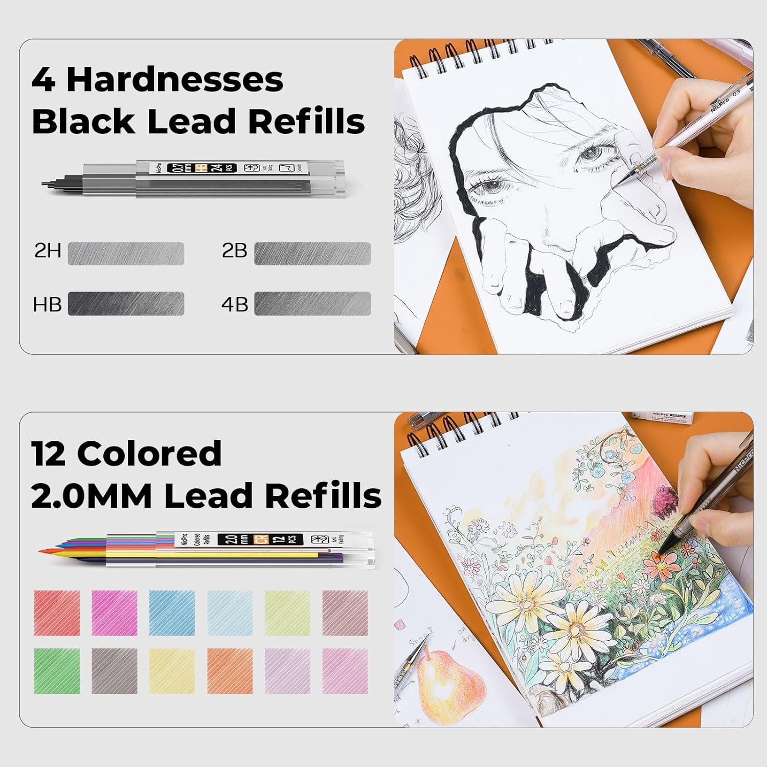 imageNicpro Art Drawing Supplies Kit Art Mechanical Pencil Set with 6 Drafting Pencil 05 ampamp 07 ampamp 09 ampamp 2mm 100 Sheets 55 x 85 Sketch Book 11 Tube Lead Refills Eraser for Sketching Drawing Writing