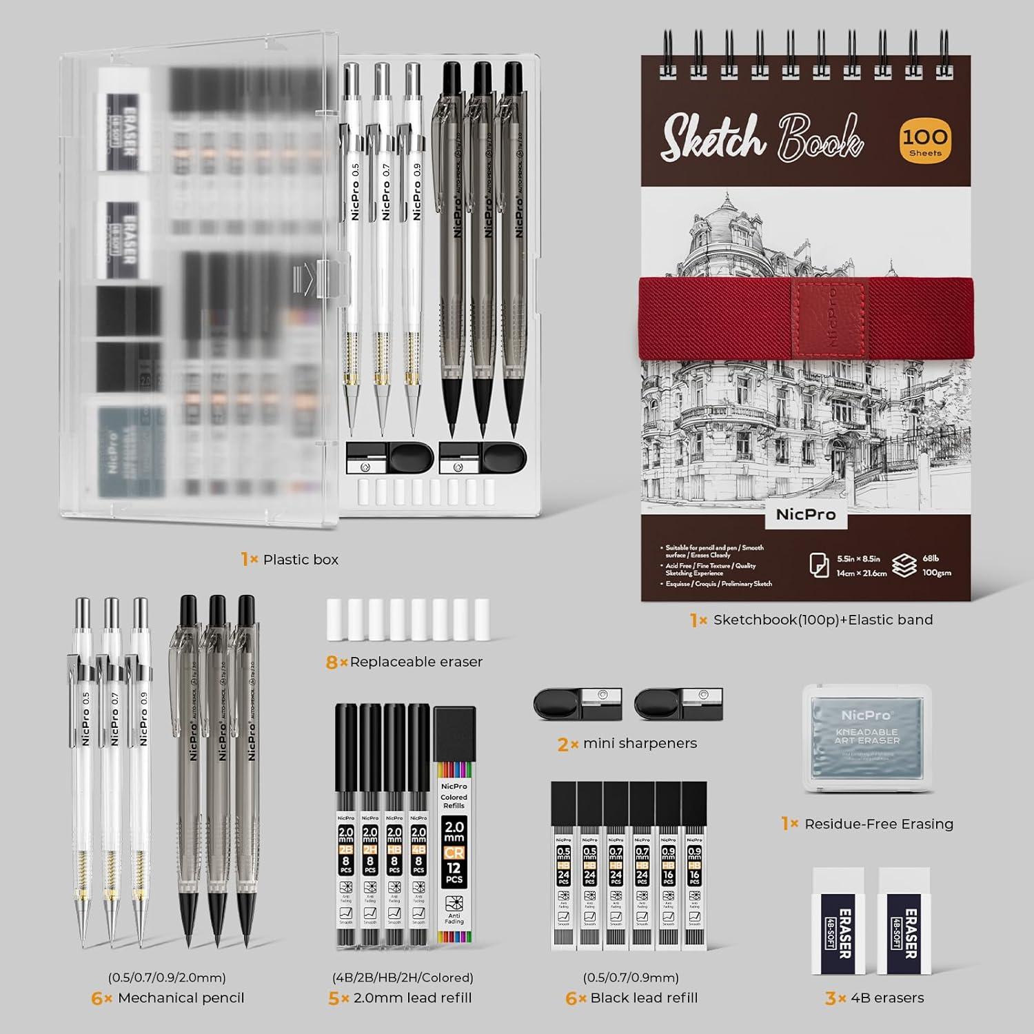 imageNicpro Art Drawing Supplies Kit Art Mechanical Pencil Set with 6 Drafting Pencil 05 ampamp 07 ampamp 09 ampamp 2mm 100 Sheets 55 x 85 Sketch Book 11 Tube Lead Refills Eraser for Sketching Drawing Writing