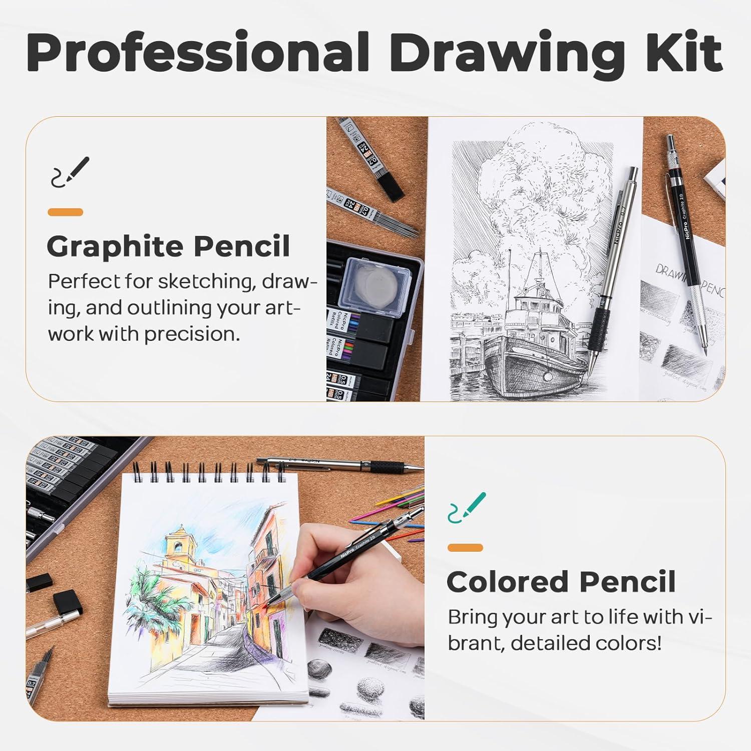 imageNicpro Art Drawing Supplies Kit Art Mechanical Pencil Set with 6 Metal Drafting Pencil 05 ampamp 07 ampamp 09 ampamp 2mm 100 Sheets 9 x 12 Sketch Book 20 Tube Lead Refills for Sketching