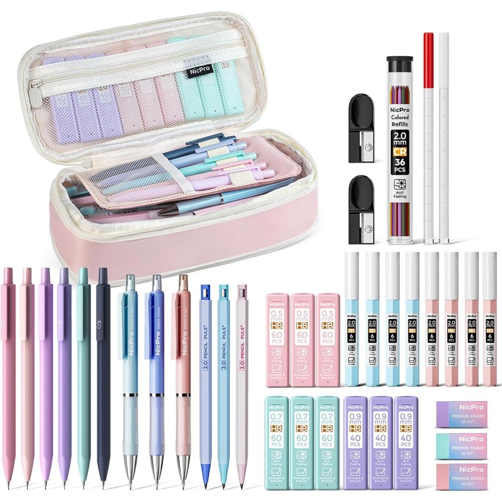 imageNicpro 38PCS Aesthetic School Supplies Cute Mechanical Pencils 05 07 09 ampamp 20 mm with 18 Tubes Lead Refills Pastel Mechanical Pencil Set for Students Girls Writing Drawing Drafting  Pink Case