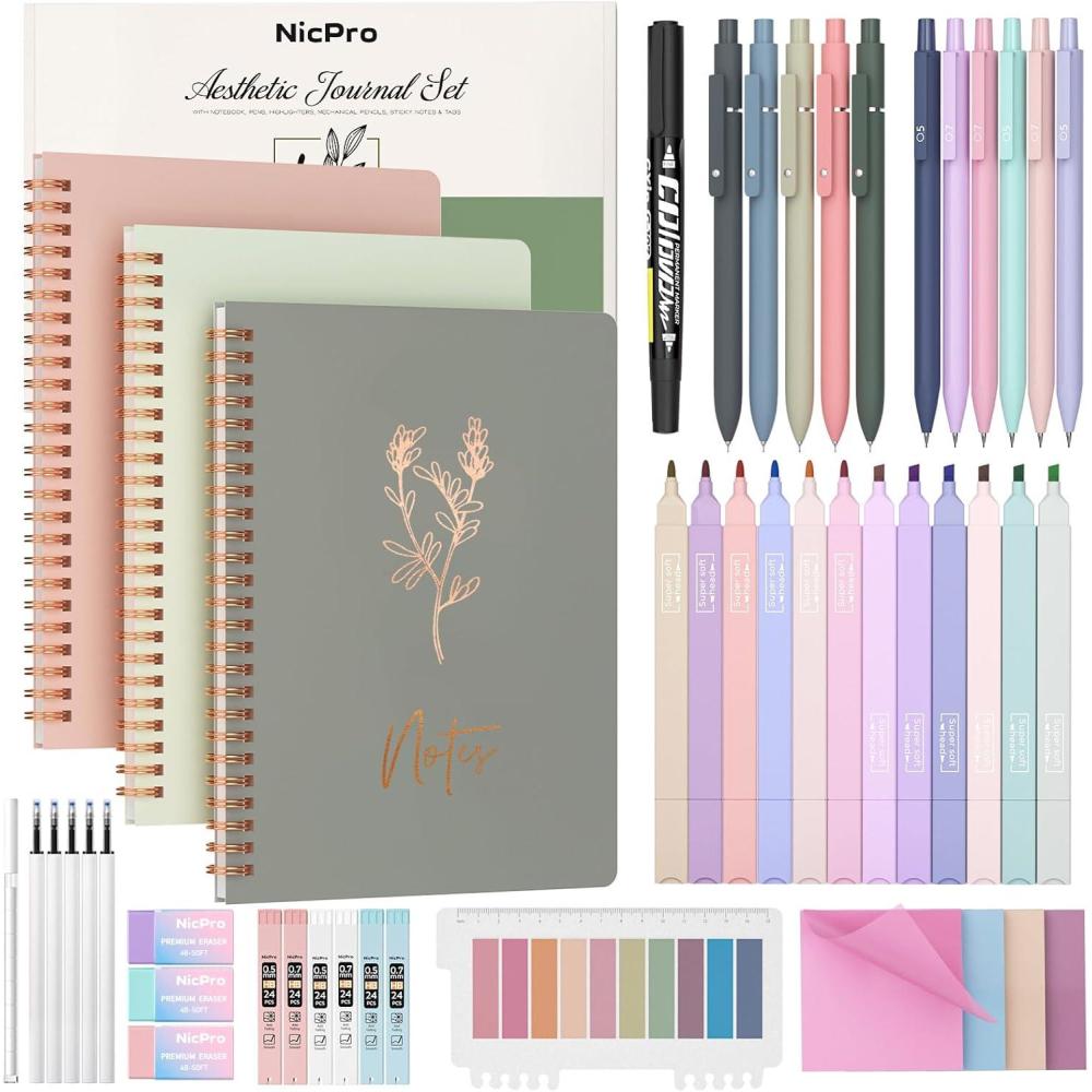 imageNicpro 50PCS Cute Spiral Notebook Stationary Set For Women Bible Journal Set 3PCS A5 Spiral Notebook Gel Pens Sticky Notes ampamp Tabs Gift Box Mechanical Pencils for Study Aesthetic School Supplies