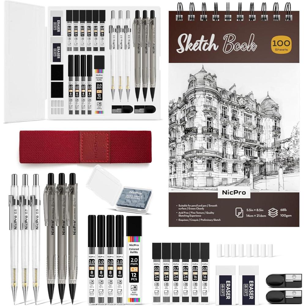 imageNicpro Art Drawing Supplies Kit Art Mechanical Pencil Set with 6 Drafting Pencil 05 ampamp 07 ampamp 09 ampamp 2mm 100 Sheets 55 x 85 Sketch Book 11 Tube Lead Refills Eraser for Sketching Drawing Writing