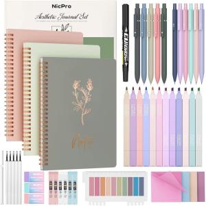 imageNicpro 50PCS Cute Spiral Notebook Stationary Set For Women Bible Journal Set 3PCS A5 Spiral Notebook Gel Pens Sticky Notes ampamp Tabs Gift Box Mechanical Pencils for Study Aesthetic School Supplies