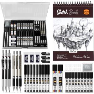 imageNicpro Art Drawing Supplies Kit Art Mechanical Pencil Set with 6 Metal Drafting Pencil 05 ampamp 07 ampamp 09 ampamp 2mm 100 Sheets 9 x 12 Sketch Book 20 Tube Lead Refills for Sketching