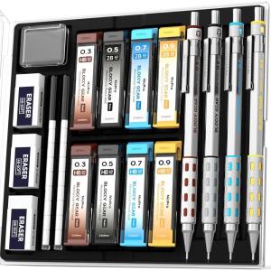 imageNicpro 4 Pack Blocky Gear 03 05 07 09 mm Metal Mechanical Pencils Set with Case Lead Drafting Pencil with 8 Tube Lead RefillsHB 2B Erasers Eraser Refills for Art Writing Sketching Drawing03 05 07 09mm