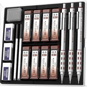 imageNicpro 4 Pack Blocky Gear 03 05 07 09 mm Metal Mechanical Pencils Set with Case Lead Drafting Pencil with 8 Tube Lead RefillsHB 2B Erasers Eraser Refills for Art Writing Sketching Drawing03mm