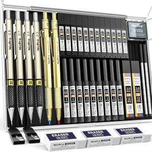 imageNicpro 37PCS Art Mechanical Pencil Set 4PCS Metal Drafting Pencil 03mm 05 mm 07 mm 09 mm ampamp 2PCS 2mm Lead Holder 6B 4B 2B HB 2H 4H Colors For Sketching Drawing With 23 Tube Lead Refills CaseGold