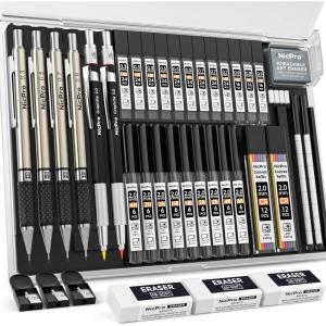 imageNicpro 37PCS Art Mechanical Pencil Set 4PCS Metal Drafting Pencil 03mm 05 mm 07 mm 09 mm ampamp 2PCS 2mm Lead Holder 6B 4B 2B HB 2H 4H Colors For Sketching Drawing With 23 Tube Lead Refills CaseBlack