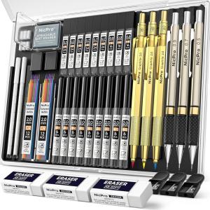 imageNicpro 37PCS Art Mechanical Pencil Set 4PCS Metal Drafting Pencil 03mm 05 mm 07 mm 09 mm ampamp 2PCS 2mm Lead Holder 6B 4B 2B HB 2H 4H Colors For Sketching Drawing With 23 Tube Lead Refills CaseMetallic