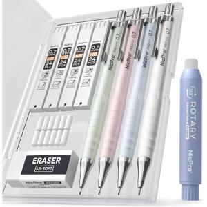 imageNicpro Cute Mechanical Pencil Set 4PCS 05mm Pastel Drafting Pencils with 4 Tube HB Lead Refills 4B Erasers Rotary Retractable Eraser and Eraser Refill for Writing Sketching Back to School Supplies07mm