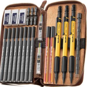 imageNicpro 13mm Mechanical Pencil Set in Leather Bag with Waterproof Field Notebooks 3PCS Metal Heavy Duty Carpenter Pencil with Lead Refill ampamp Eraser for Outdoor Journal Travel Drafting DrawingYellow