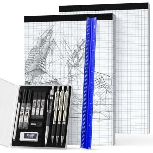imageNicpro 16PCS Drafting Tools with 12 Aluminum Architect Scale Ruler Mechanical Pencils 05 07 09 ampamp 2mm Lead Refills 2 Pack Graph Paper Pad Geometry Drawing Kit for Engineers Students Design
