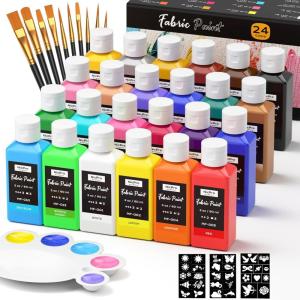 imageNicpro 18 Colors Fabric Paint 2oz60ml Permanent Soft Fabric Paint Set with Brushes Palette Stencils NonToxic Textile Paint for Fabric DIY Crafts TShirts Shoes Jeans Bags Furniture Art24 Colors