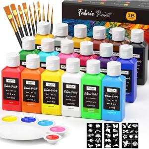 imageNicpro 18 Colors Fabric Paint 2oz60ml Permanent Soft Fabric Paint Set with Brushes Palette Stencils NonToxic Textile Paint for Fabric DIY Crafts TShirts Shoes Jeans Bags Furniture Art18 Colos