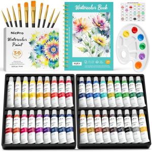 imageNicpro Watercolor Paint Set for Adults ampamp Kids 36 Colors Watercolor Tube Set 12ml 04oz with10 Paint Brushes 25Sheet Watercolor Paper Book Palette Water Color Art Supplies for Artists Beginners Gift